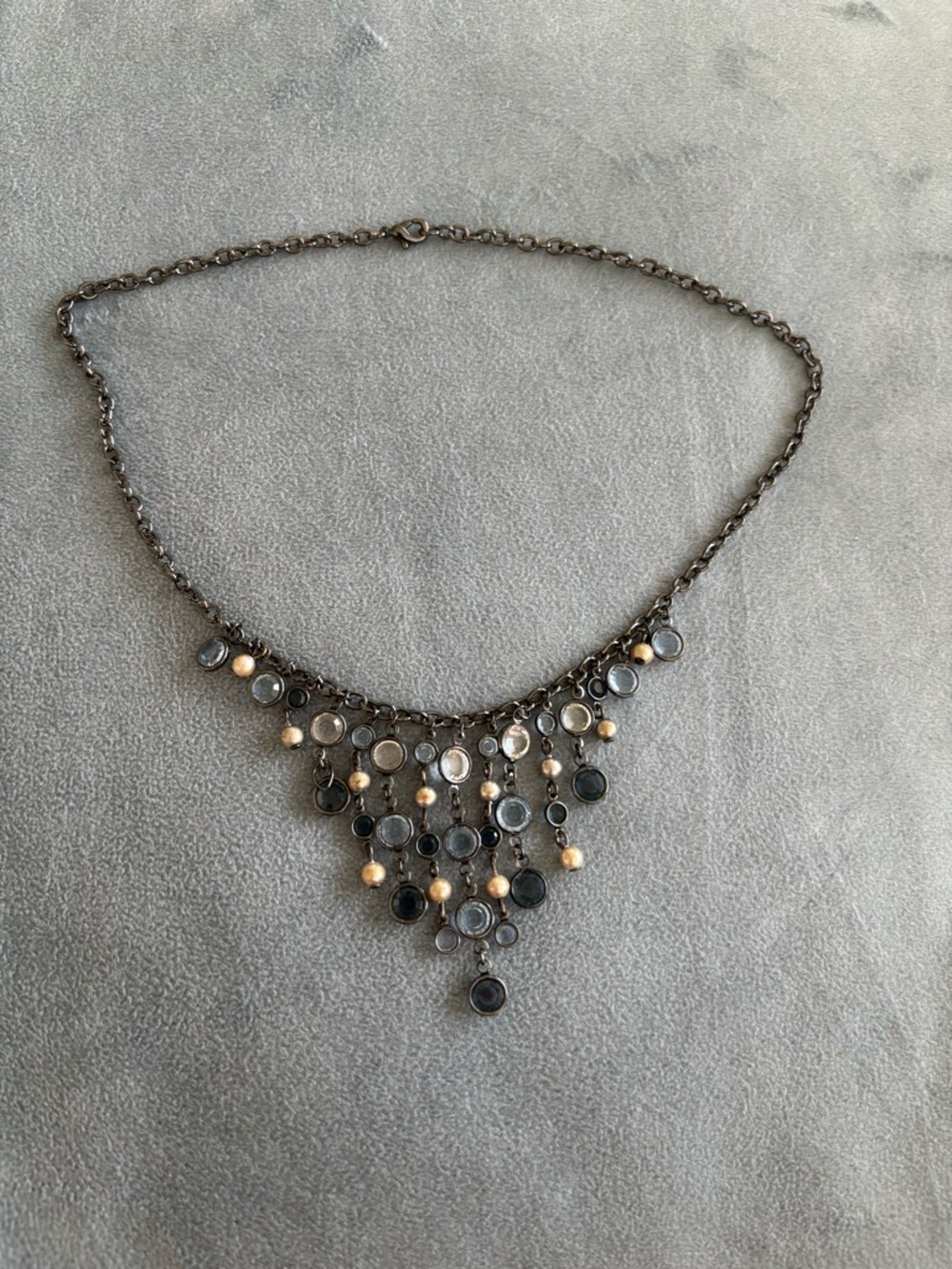 Delicate Gunmetal, Pearl, Light and Dark Blue Rhinestones. Statement Necklace - Picture 1 of 1
